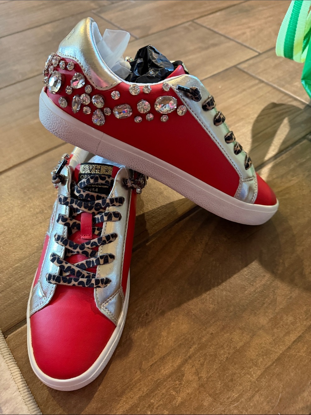 Vintage Havana Red Sneaker with Silver Trim & Crystal Embellishments